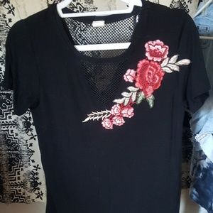 Floral Embroidered Black Tee